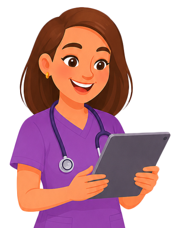 Suvi, Suvida's nurse mascot, reviewing data on a tablet